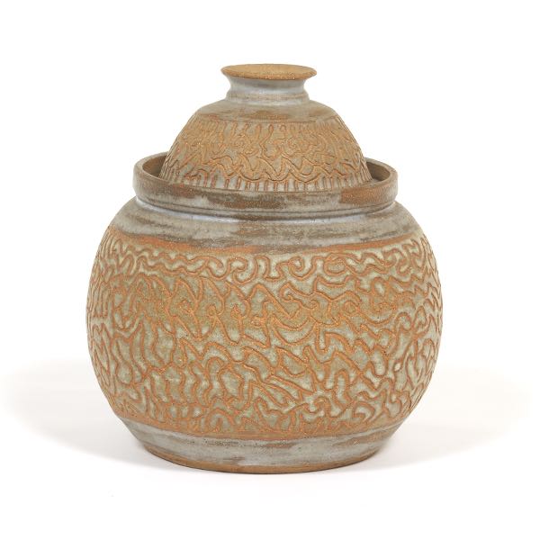 Appraisal: ABRAHAM COHN MID-CENTURY POTTERY JAR x Wheel-turned lidded pottery jar