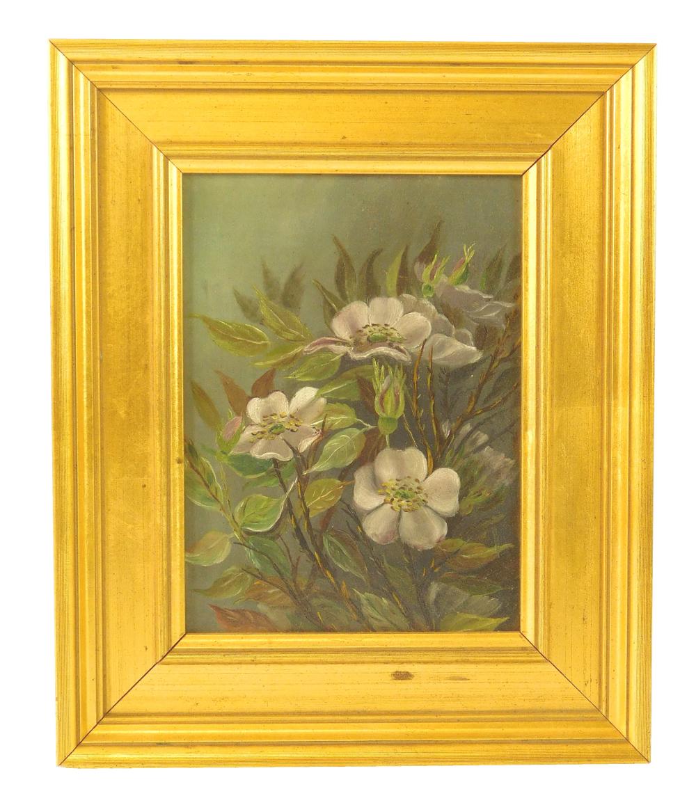 Appraisal: Unsigned floral study late th C oil on Masonite depicts