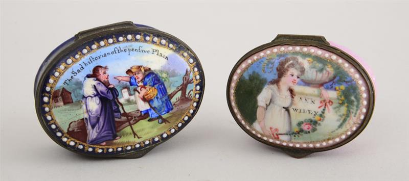 Appraisal: TWO SOUTH STAFFORDSHIRE OVAL ENAMEL BOXES The larger with scene