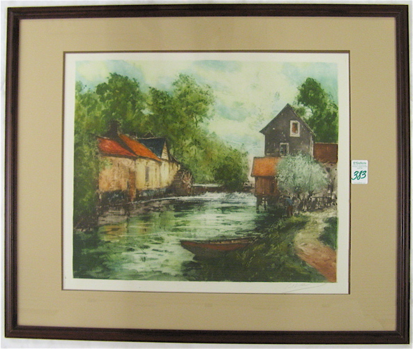 Appraisal: FRENCH COLORED ENGRAVING depicting a grist mill and bank fisherman