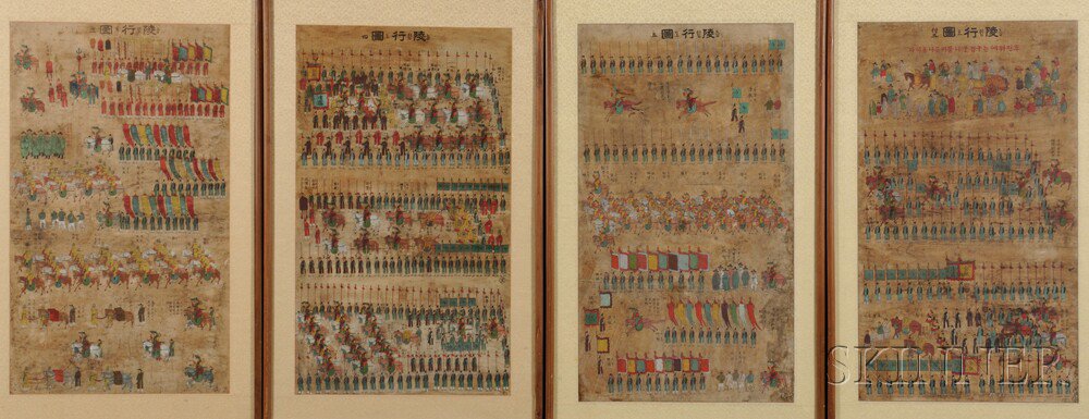 Appraisal: Four Prints Depicting Royal Processions Neunghaengdo Korea c including three