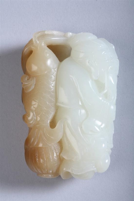 Appraisal: CHINESE WHITE AND CAFE-AU-LAIT JADE CARVING OF FISHERMAN - in