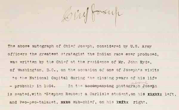 Appraisal: Chief Joseph Autograph In top margin of lined paper with