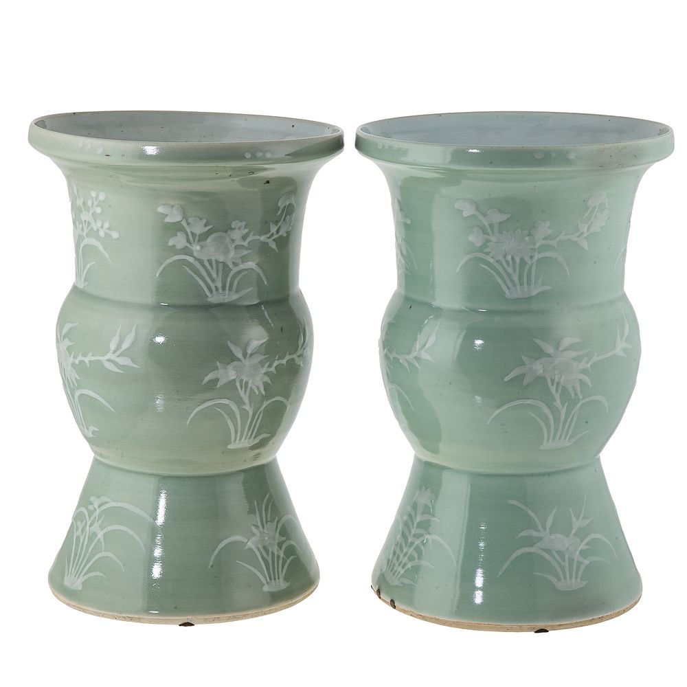 Appraisal: Pair Chinese Export Celadon Ku Form Vases Circa - green