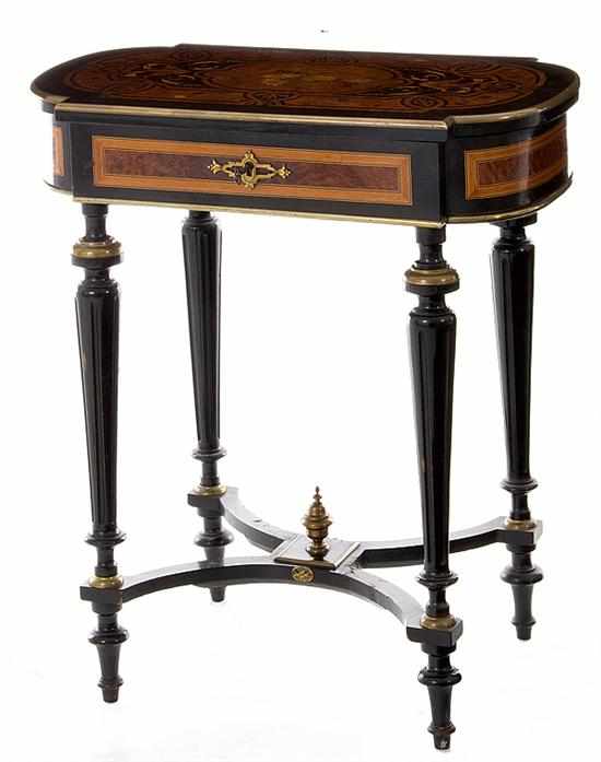 Appraisal: Louis XVI style marquetry-inlaid ebonized worktable late th century floral