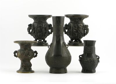 Appraisal: Five bronze vases including a pair cast in high relief