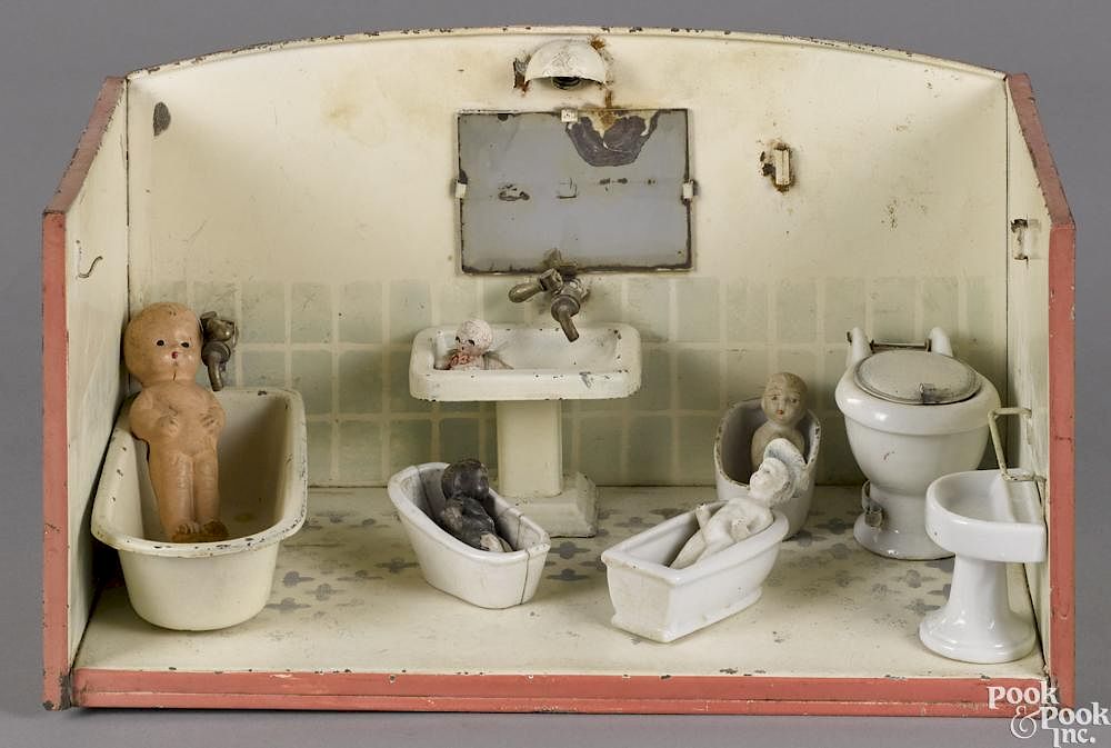 Appraisal: German painted tin bathroom with a porcelain tub and sink