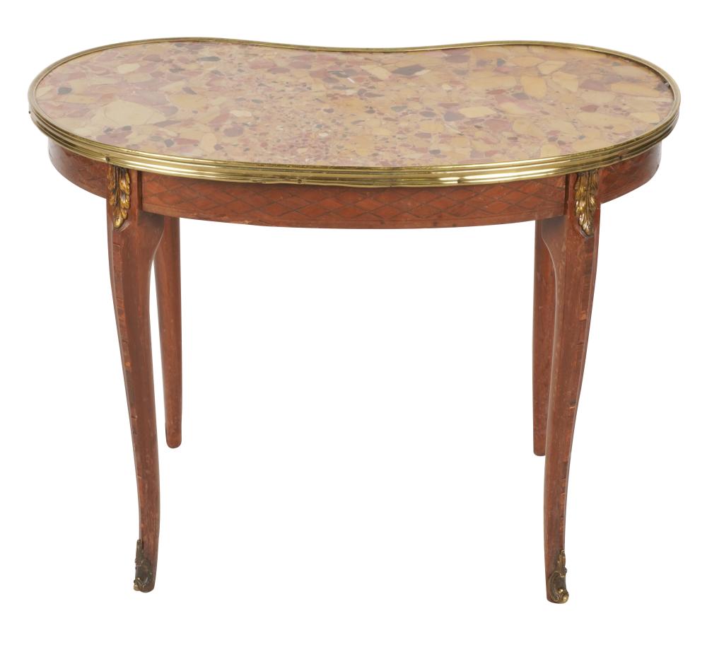 Appraisal: LOUIS XV-STYLE MARBLE-TOP END TABLEafter with kidney-shaped top and gilt