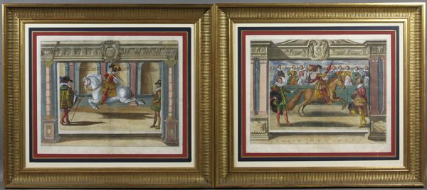 Appraisal: Pair of handcolored engravings Antoine de Pluvinel France - horseback