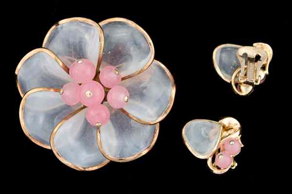 Appraisal: Trifari Poured Glass Ear Clips Brooch A matching set of