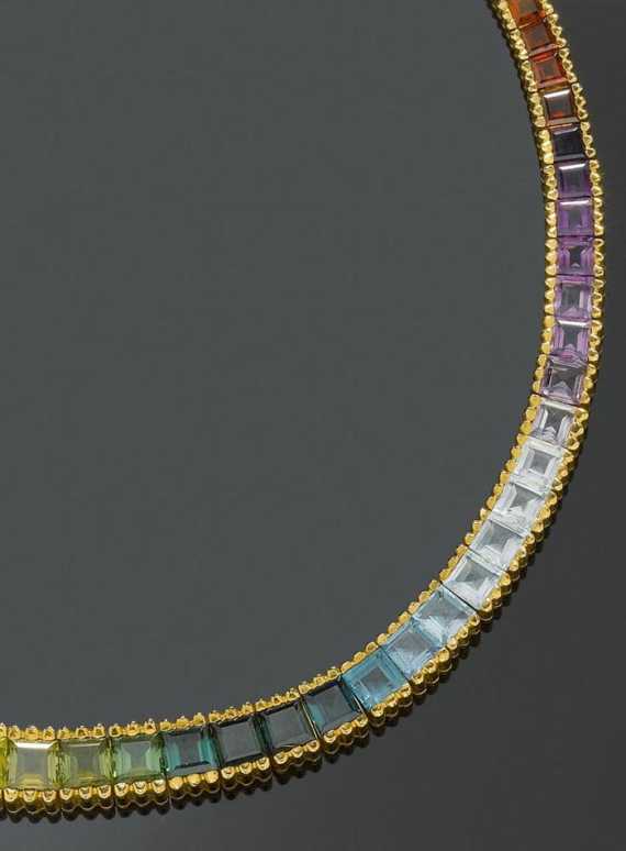 Appraisal: MULTICOLOUR-GEMSTONE NECKLACE Yellow gold g Casual-elegant necklace graduated entirely set