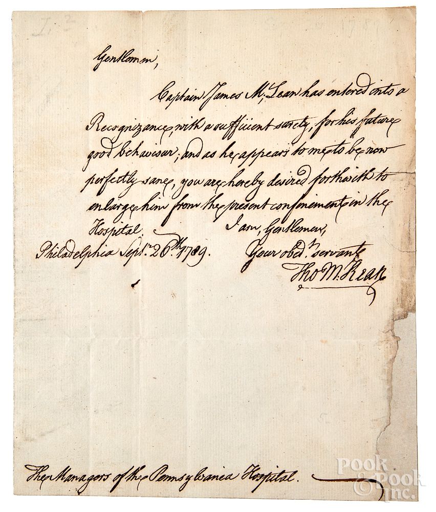 Appraisal: Thomas McKean signed handwritten letter Thomas McKean signed handwritten letter