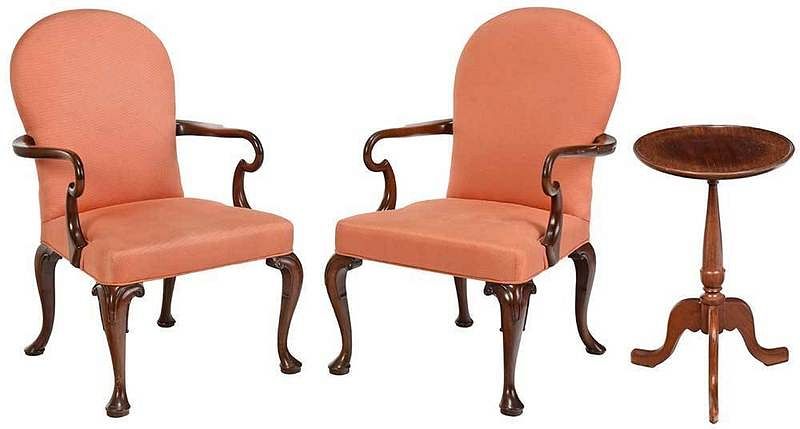 Appraisal: Pair Queen Anne Style Armchairs Candlestand American th century mahogany