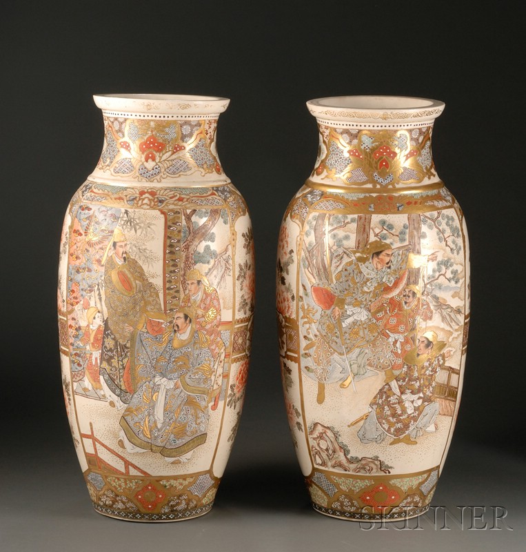 Appraisal: Pair of Large Pottery Vases Japan th century Satsuma ware