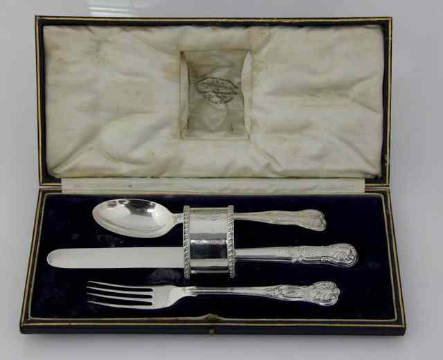 Appraisal: A silver christening knife fork spoon and napkin ring various