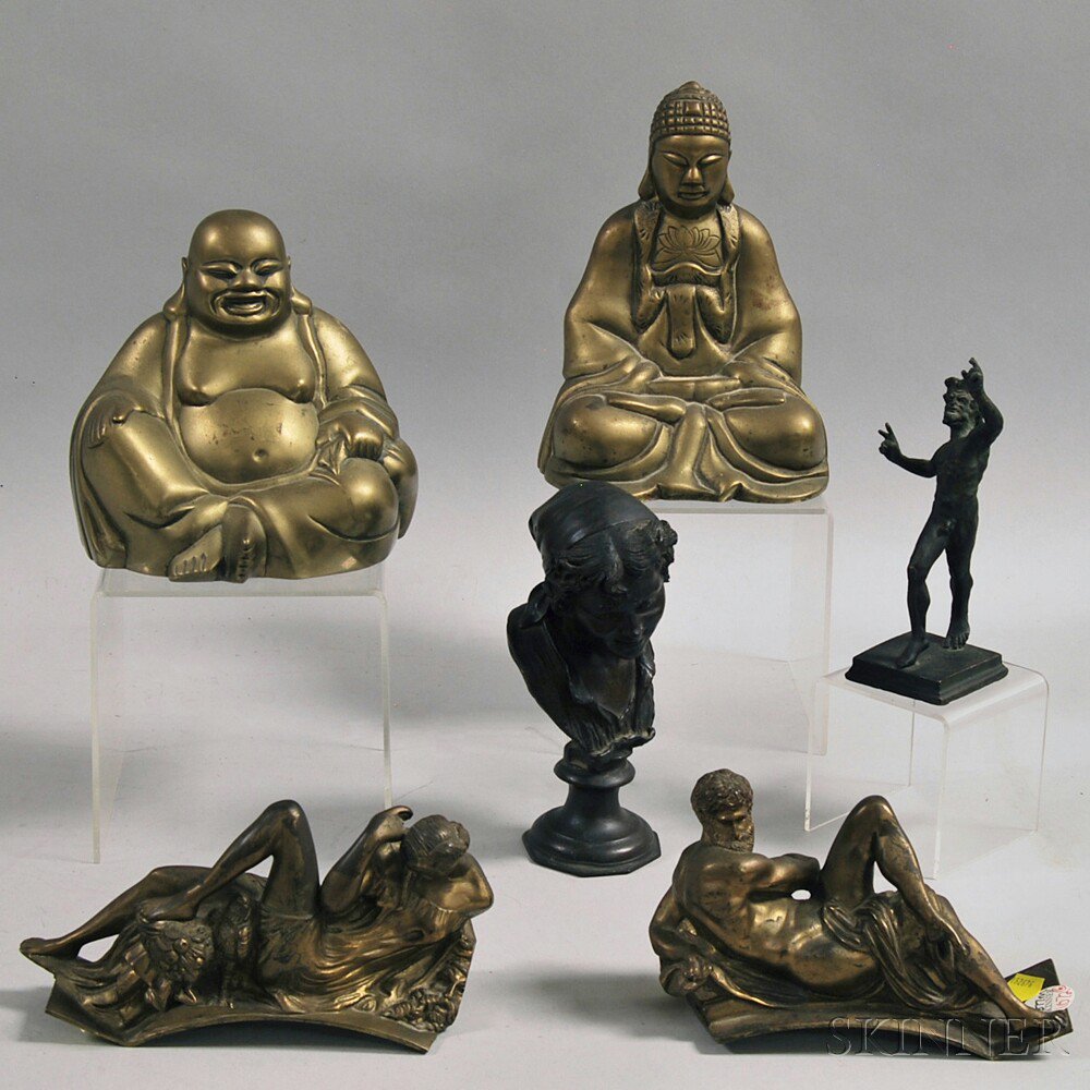 Appraisal: Six Assorted Metal Sculptures two recumbent brass figures two Chinese