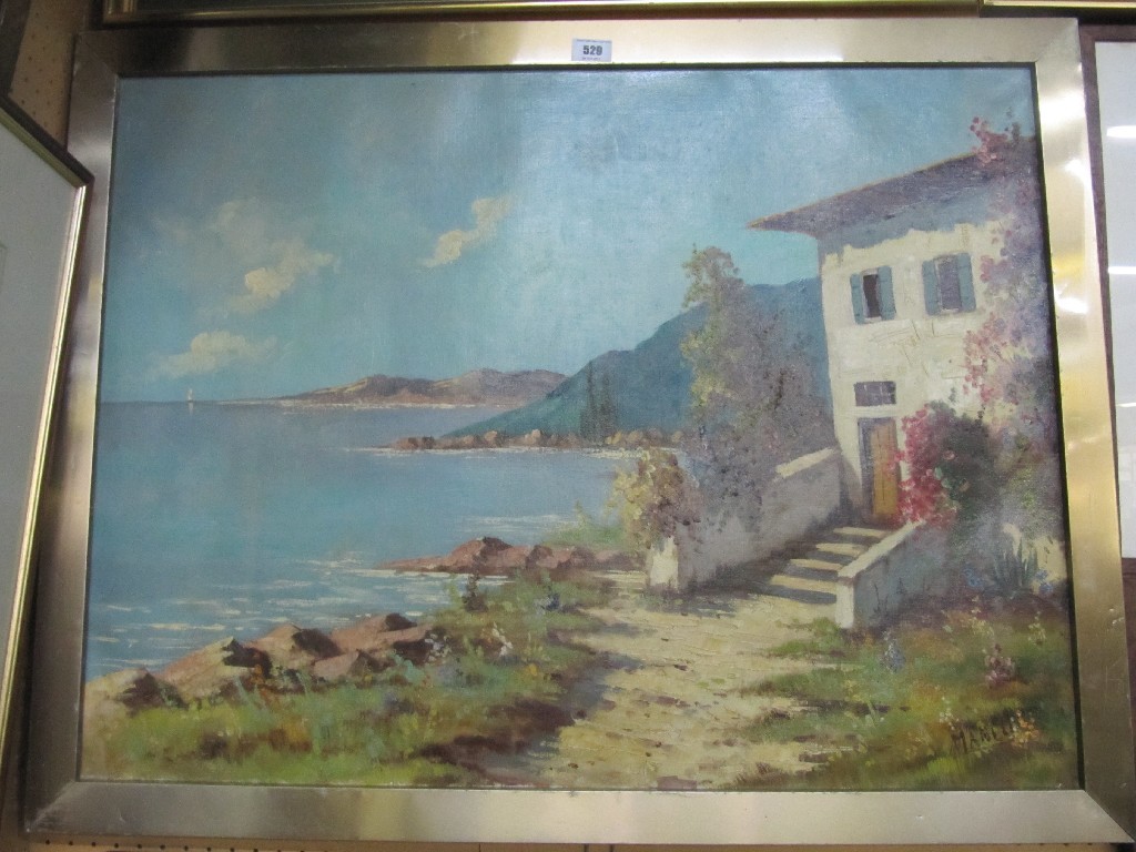 Appraisal: Oil on canvas Mediterranean coastal scene signed