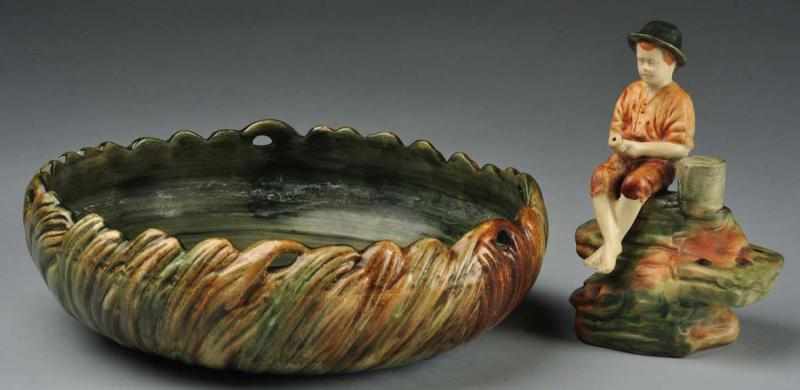 Appraisal: Weller Fishing Bou Centerpiece Set Description In Flemish glaze Bowl