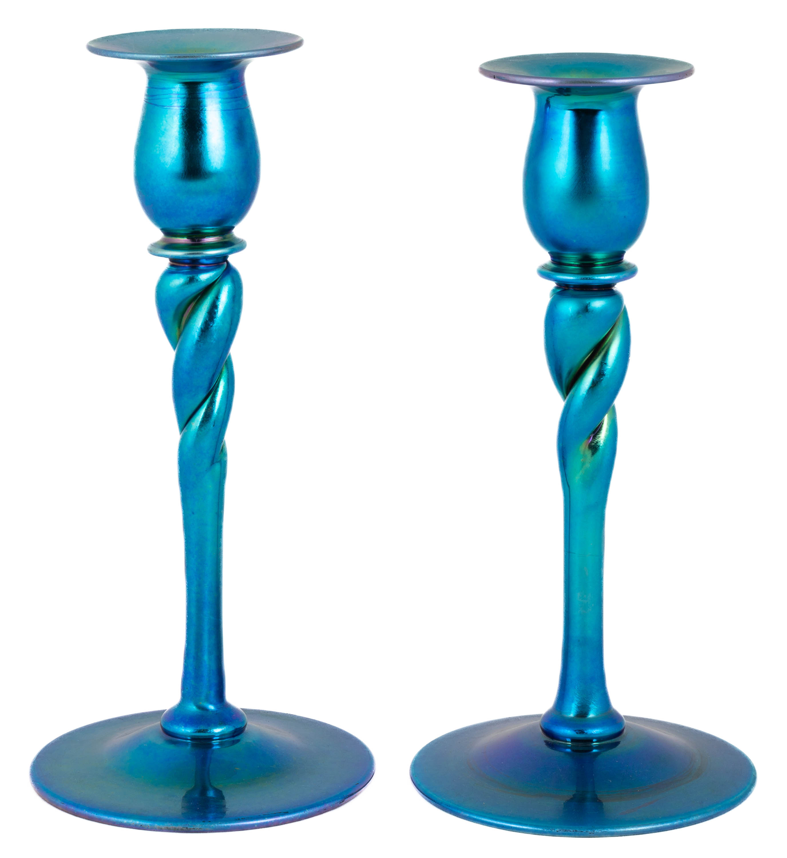 Appraisal: STEUBEN BLUE AURENE CANDLESTICKS WITH TWISTED STEM Coring NY early