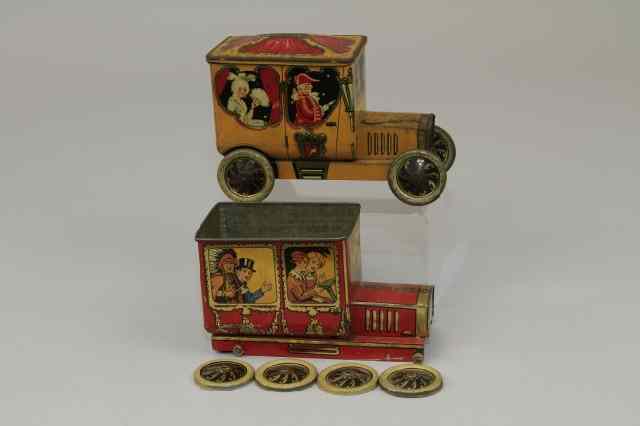 Appraisal: TWO CHARACTER AUTO COACH BISCUIT TINS England c made by