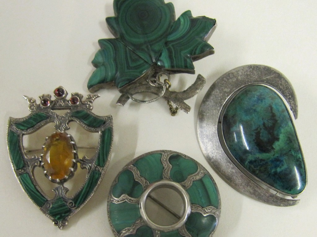 Appraisal: Four silver and malachite brooches