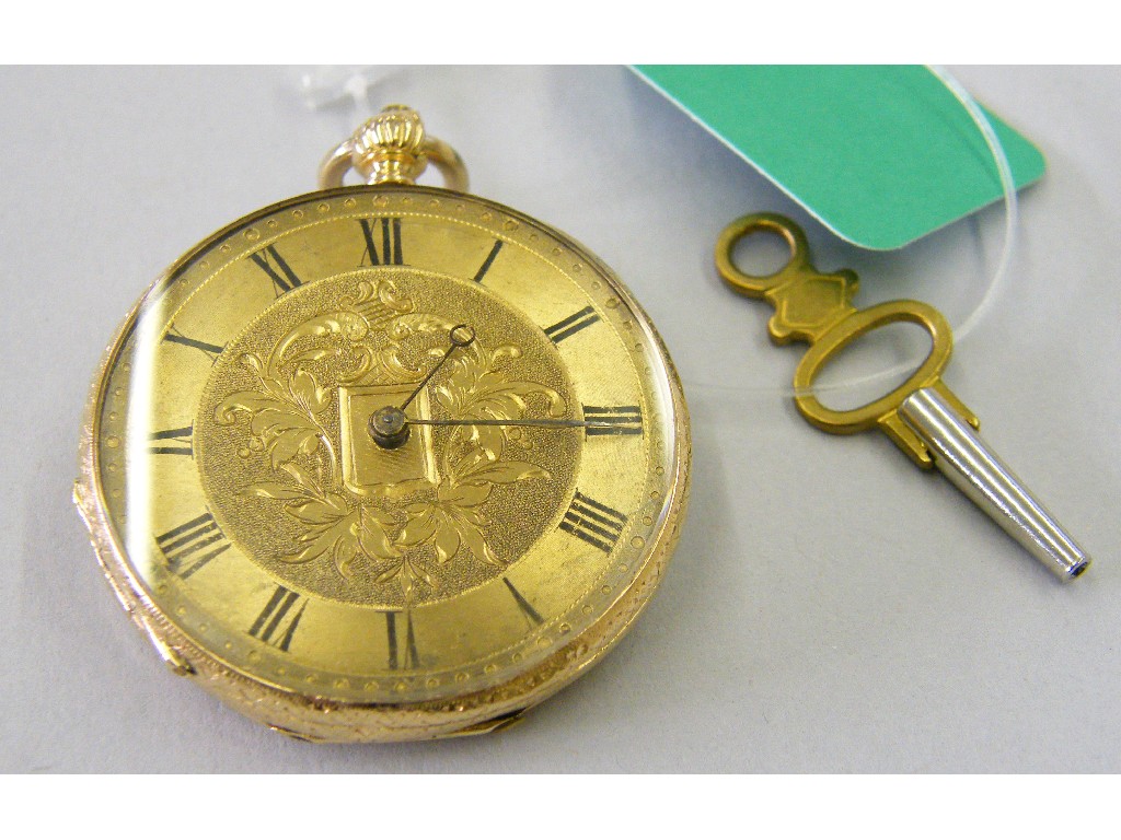 Appraisal: k cylinder engraved fob watch with a gilt dial gm