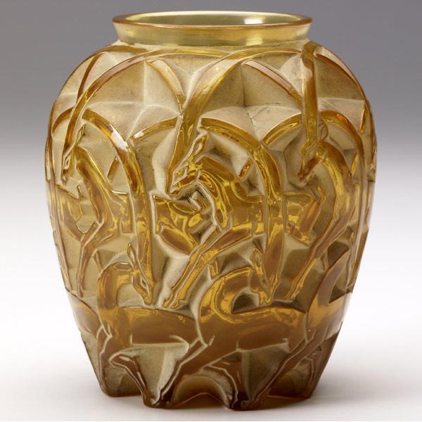 Appraisal: LALIQUE Chamois vase of amber glass with white patina M