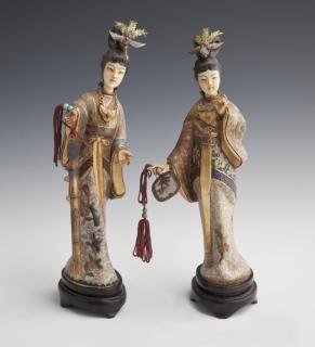 Appraisal: Pair of Oriental Cloisonne Figures of Women c Pair of