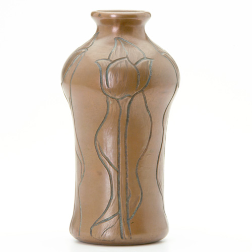 Appraisal: OWENS CLEWELL Bottle-shaped vase sheethed in copper and decorated with