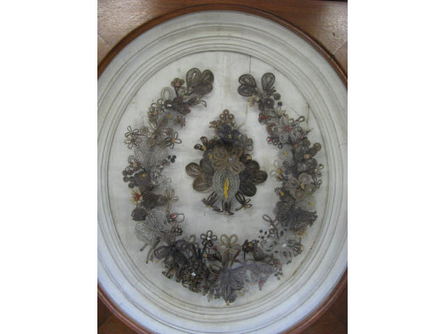 Appraisal: Victorian Hair Wreath Memorial shadowbox style in coffee table very