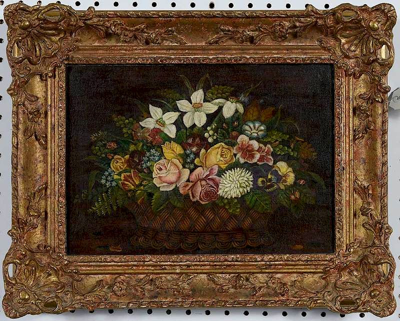 Appraisal: American School th century Basket of Flowers unsigned oil on