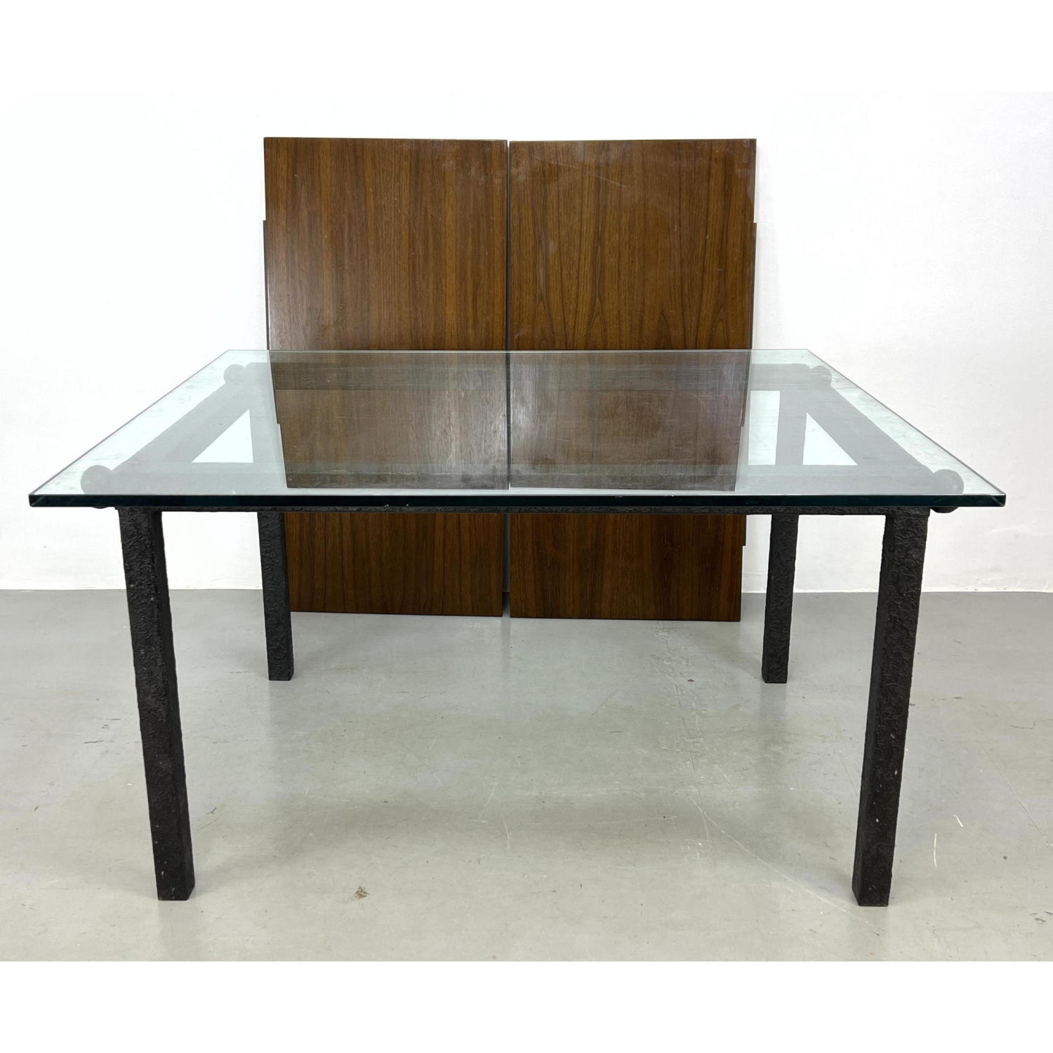 Appraisal: Glass Top Modernist Designer Dining Table Textured Painted Finish Metal