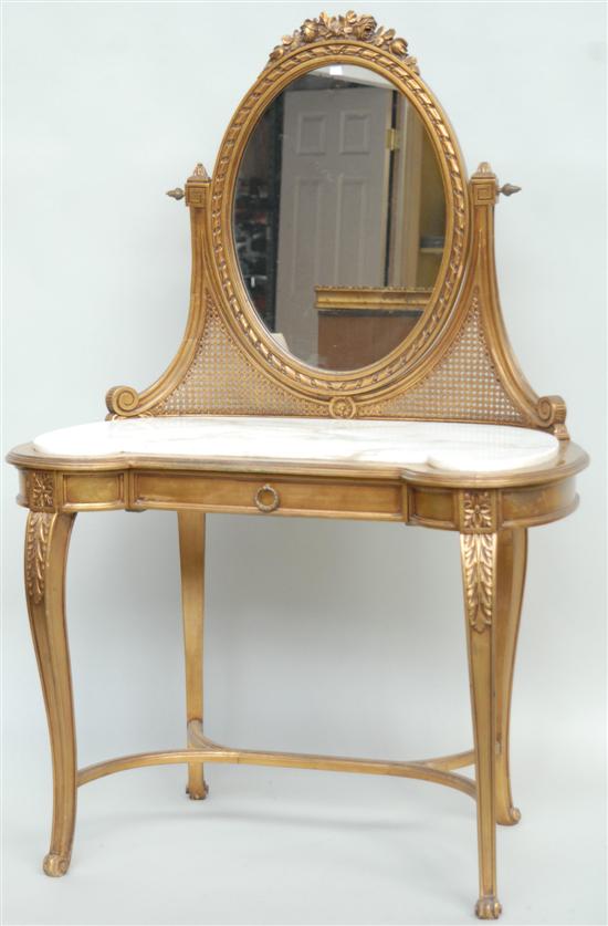 Appraisal: LOUIS XVI STYLE MARBLE TOP AND CANED VANITY Kidney form