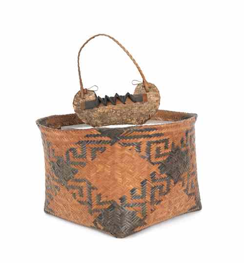 Appraisal: Cherokee basket h dia together with a bark canoe l