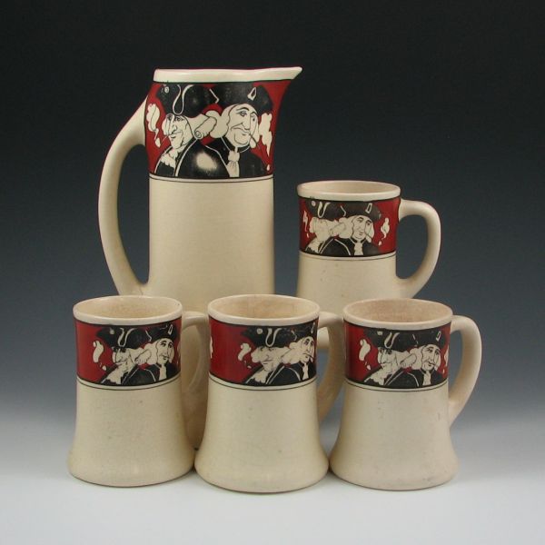 Appraisal: Roseville Creamware Quaker tankard set with four mugs Unmarked Typical