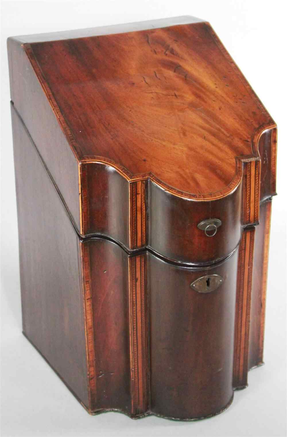 Appraisal: GEORGE III MAHOGANY KNIFE BOX early th century with hinged