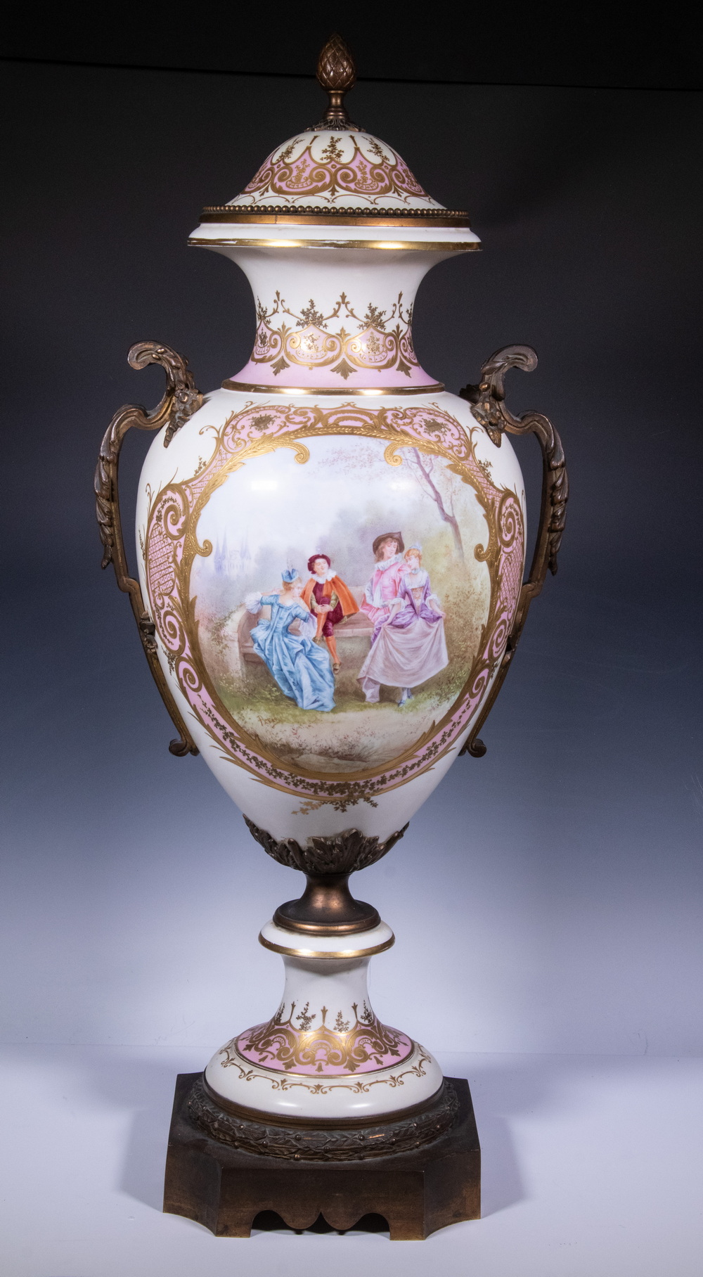 Appraisal: ORMOLU MOUNTED SEVRES PORCELAIN URN SIGNED PATER Monumental Late th