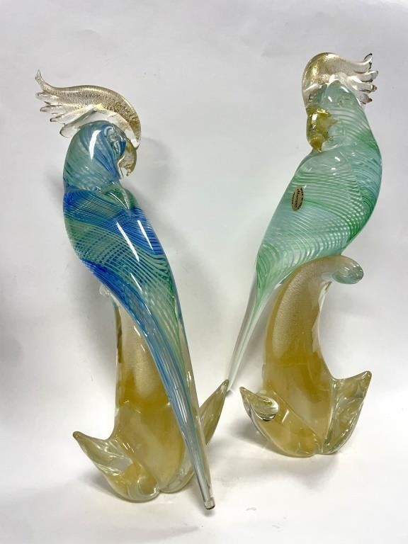 Appraisal: Pair of Murano glass cockatoo birds with green and blue