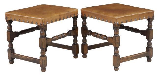 Appraisal: pair English oak stools th c leather upholstery with nailhead