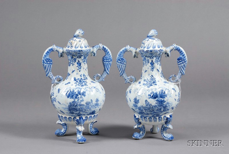 Appraisal: Pair of Dutch Delft Vases and Covers Holland late th