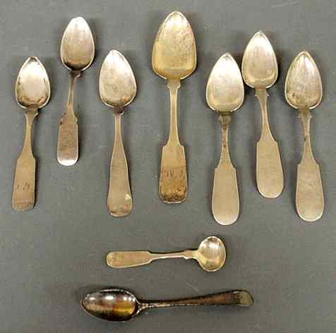 Appraisal: Eight coin silver spoons- Schabbelar Geo Webb Ezra Whiton Woods