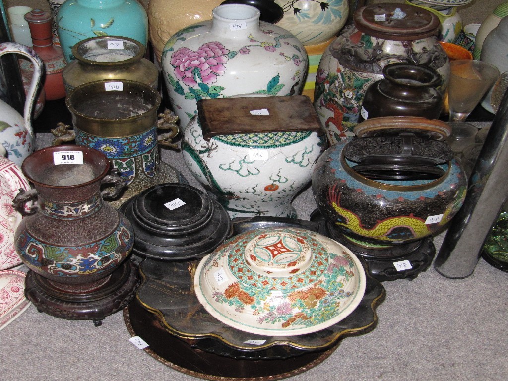 Appraisal: Large quantity of oriental vases including Cloisonne Champleve enamel pottery