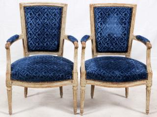 Appraisal: LOUIS XVI STYLE BLUE UPHOLSTERED OPEN ARM CHAIRS LOUIS XVI