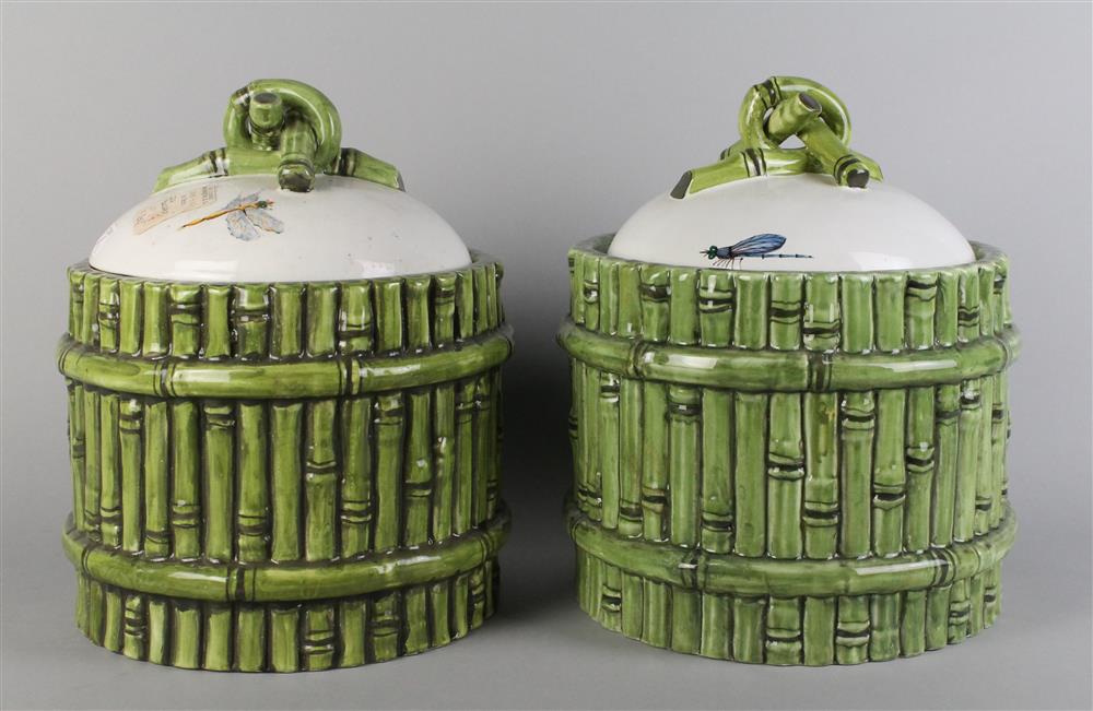 Appraisal: PAIR OF ITALIAN MAJOLICA ICE BUCKETS AND COVERS with bamboo