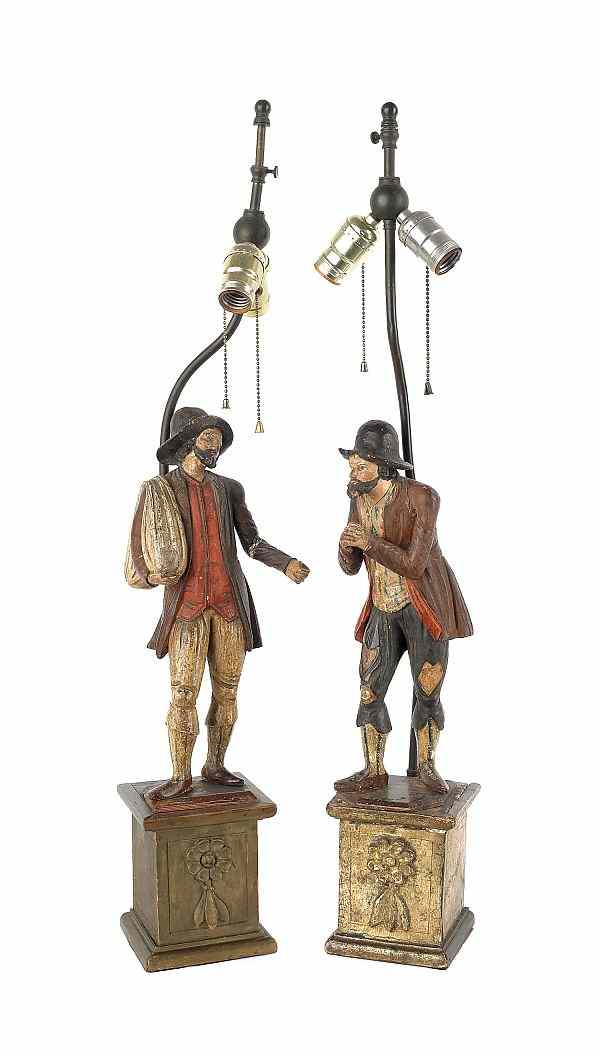 Appraisal: Pair of carved and painted figural table lamps mid th