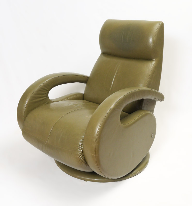 Appraisal: MODERN GREEN LEATHER SWIVEL RECLINER With a French Deco aesthetic