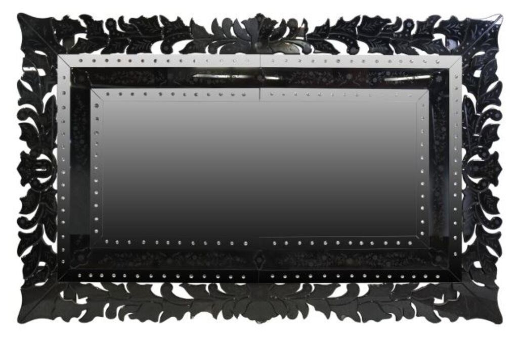 Appraisal: Monumental Venetian style mirror st c etched black glass frame