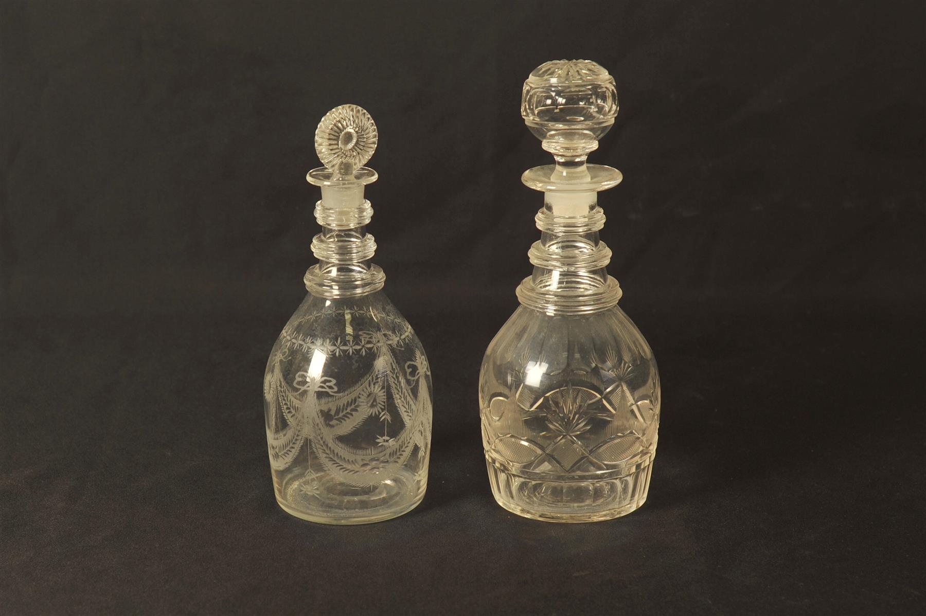 Appraisal: TWO THREE-RING BLOWN DECANTERS American st half- th century Cut