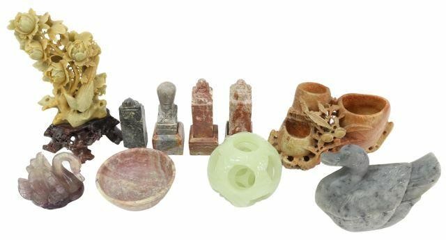 Appraisal: lot of Chinese carved stone stamps figures and small dishes