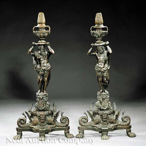 Appraisal: A Fine Pair of Antique Renaissance-Style Patinated Bronze Figural Andirons